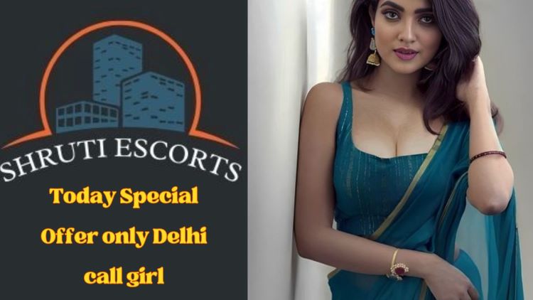 Shruti Escorts logo with a model posing for a photo