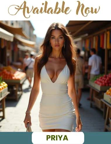 Priya Roy is inside the market wearing a white dress, Elegant Companion Service Delhi